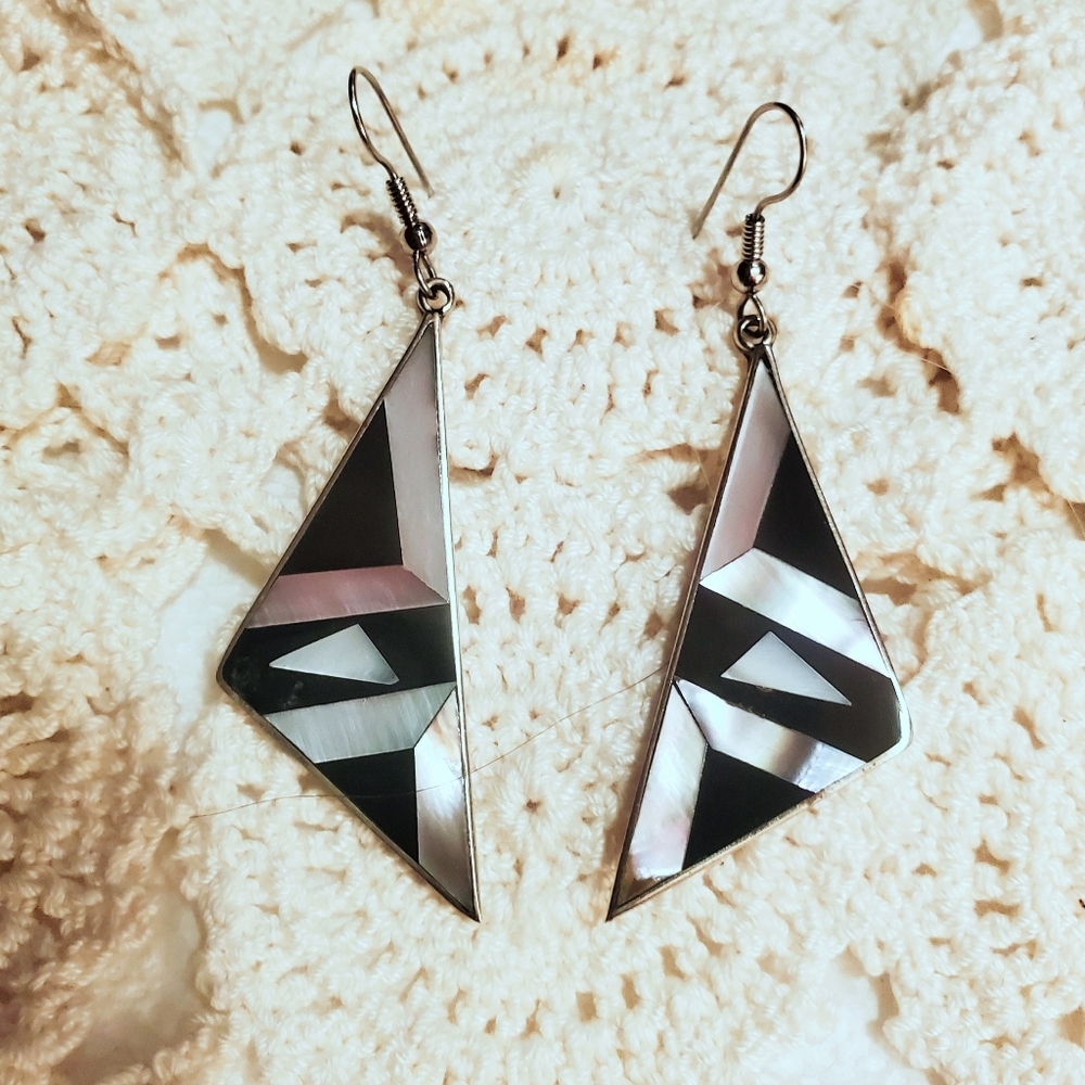 Mother of Pearl, Onyx, Silver Triangle Earrings